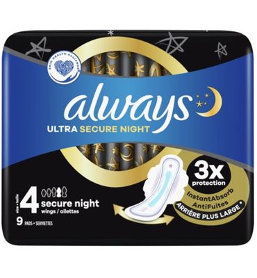 Always Maandverband ultra secure night (maat 4) vleugels (9st) 9st