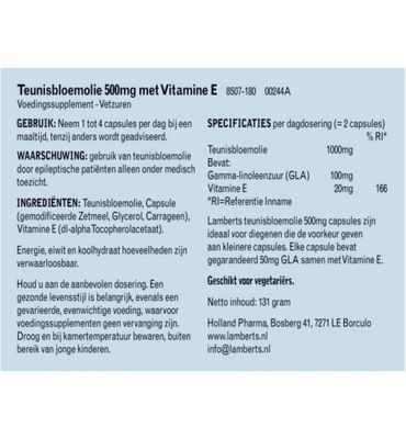 Lamberts Teunisbloemolie 500mg (pure evening primrose oil) (180vc) 180vc