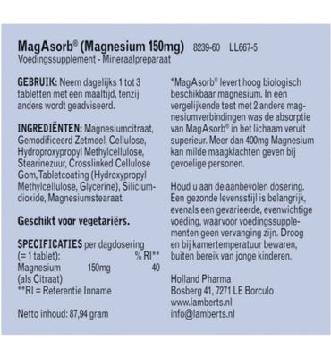 Lamberts MagAsorb (magnesium citraat) 150mg (60tb) 60tb