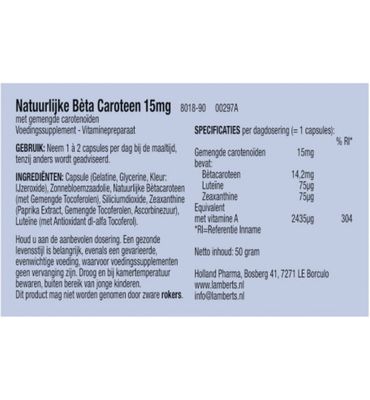 Lamberts Vitamine A 15mg natuurlijke (beta caroteen) (90ca) 90ca