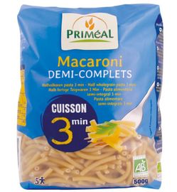Priméal Priméal Macaroni halfvolkoren snelkook 3 minuten bio (500g)
