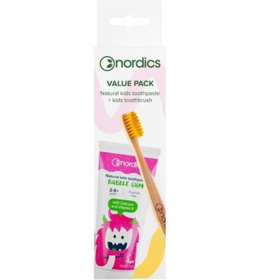 Nordics Tandpasta bubblegum & kids tandenborstel geel (4st) 4st