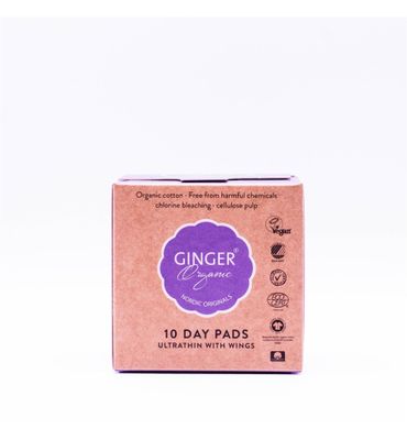 Ginger Organic Maandverband dag met vleugel (10st) 10st