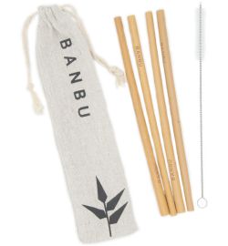 Banbu Banbu herbruikbare rietjes van bamboe met borstel en zakje (4st)