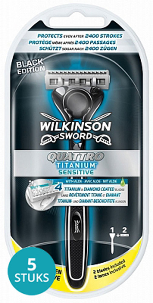 5xStuk Wilkinson Sword Quattro Titanium Sensitive Apparaat Black 2 Mesjes Voordeelverpakking